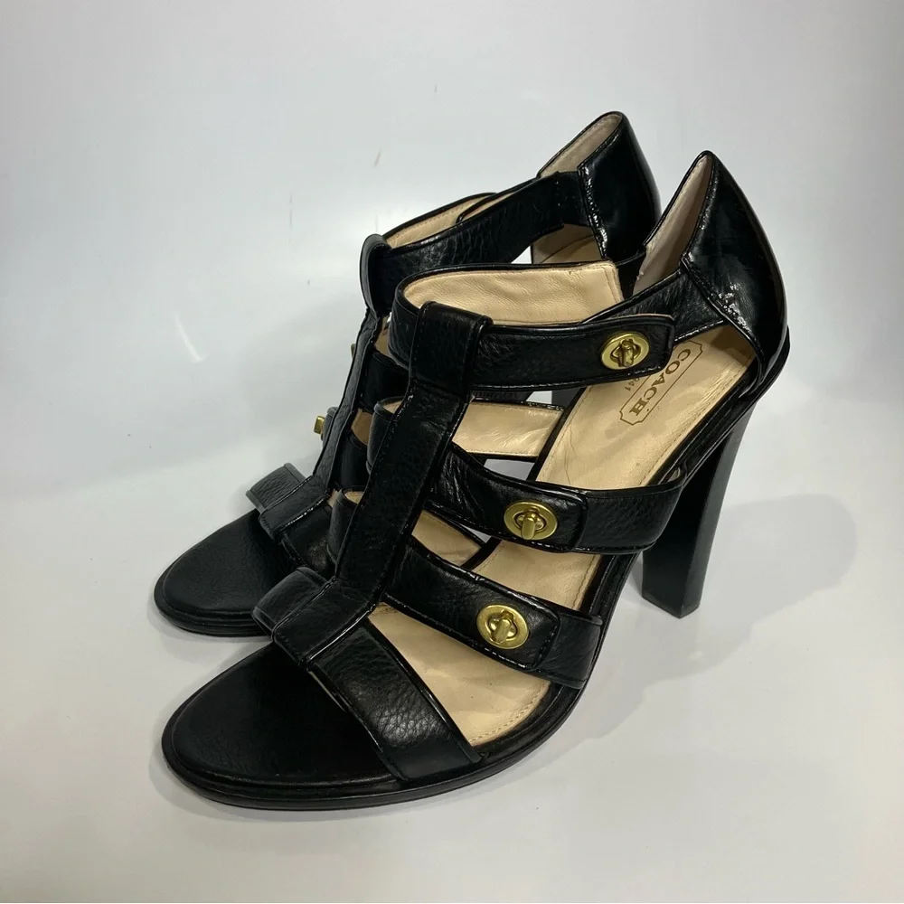 Coach Tamarah gladiator heels turn lock‎ closures black leather size 10 luxury